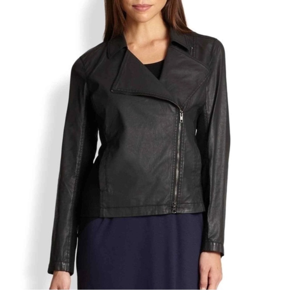 EILEEN FISHER Waxed Black Moto Jacket Women's Size M